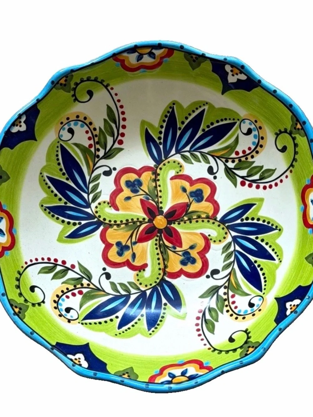 Hand-Painted Floral Ceramic Serving Bowl - Blue, Green, Yellow, Red